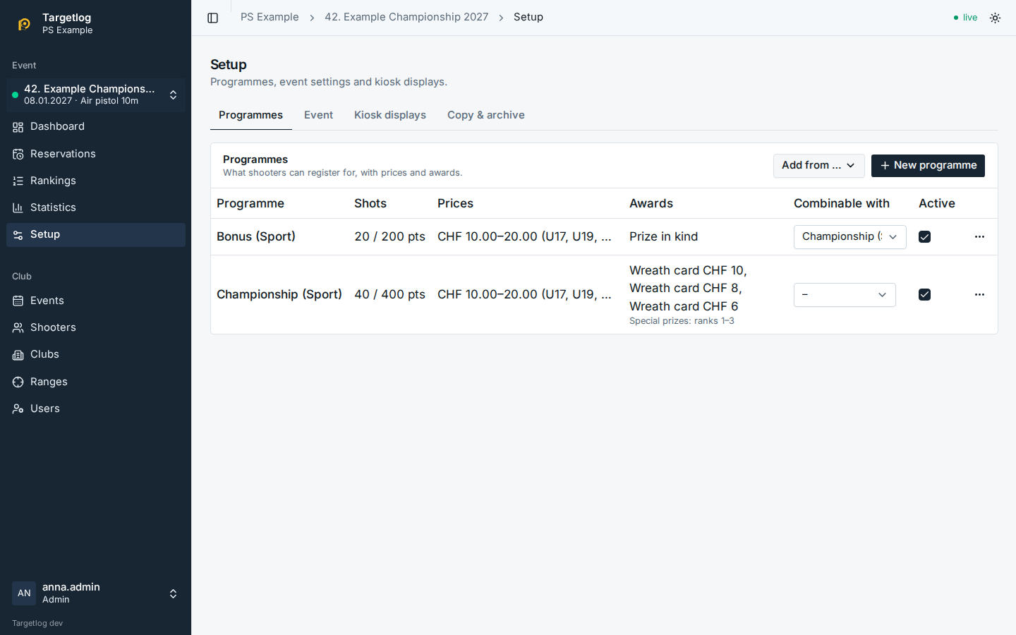 Configuration avec la liste des
programmes